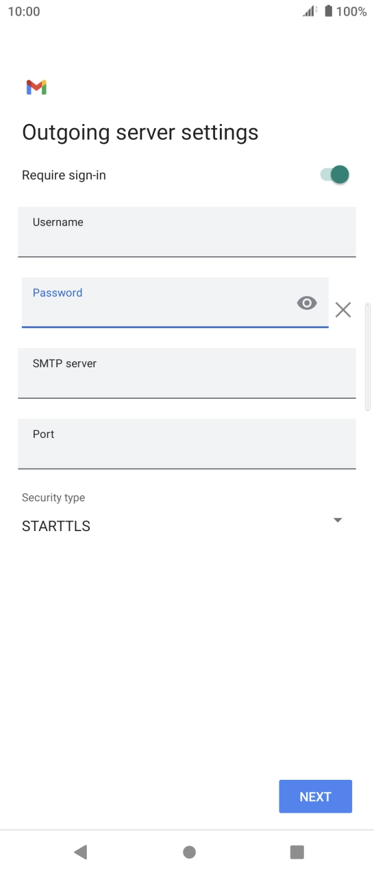 Press the field below 'SMTP server' and key in the name of your email provider's outgoing server. Press the field below 'SMTP server' and key in the name of your email provider's outgoing server.