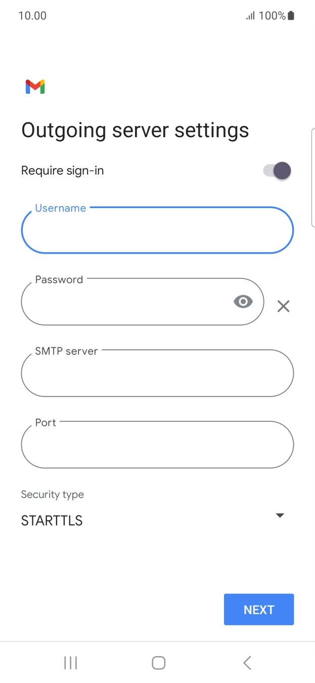 Press the field below 'Password' and key in the password of your email provider's outgoing server. Press the field below 'Password' and key in the password of your email provider's outgoing server.