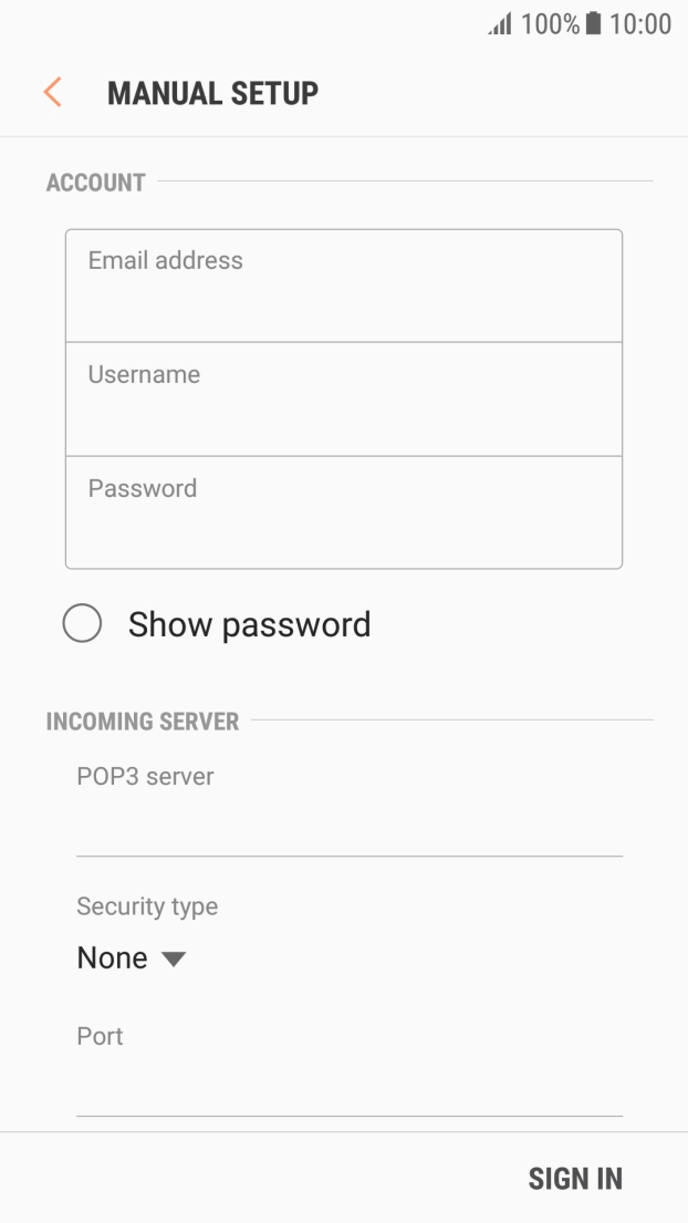 Press the field below 'Username' and key in the username for your email account. Press the field below 'Username' and key in the username for your email account.