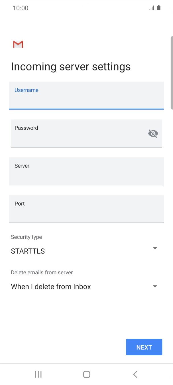 Press the field below 'Server' and key in the name of your email provider's incoming server. Press the field below 'Server' and key in the name of your email provider's incoming server.