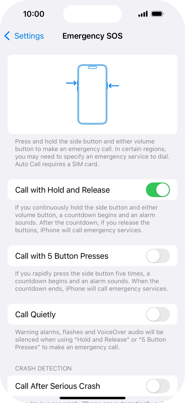 Press the indicator next to 'Call After Serious Crash' to turn on the function.