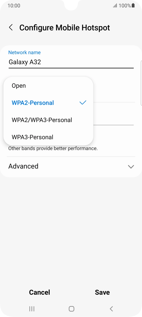 Press WPA3-Personal to password protect your WiFi hotspot. Press WPA3-Personal to password protect your WiFi hotspot.