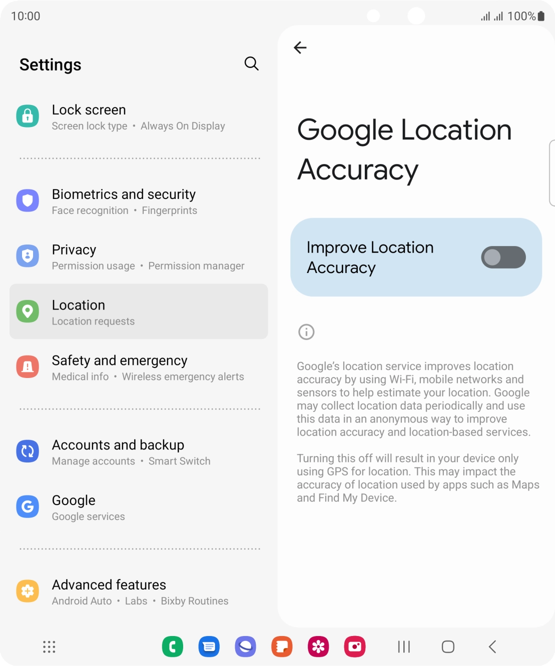 If you press the indicator next to 'Improve Location Accuracy' to turn on the function, your phone can find your exact position using the GPS satellites, the mobile network and nearby WiFi networks. Satellite-based GPS requires a clear view of the sky. If you press the indicator next to 'Improve Location Accuracy' to turn on the function, your phone can find your exact position using the GPS satellites, the mobile network and nearby WiFi networks. Satellite-based GPS requires a clear view of the sky.