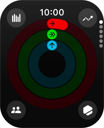 The screen will tell you how far you are from completing your daily activity goals. When the coloured rings are closed, you've reached the goals of your daily activity. The screen will tell you how far you are from completing your daily activity goals. When the coloured rings are closed, you've reached the goals of your daily activity.