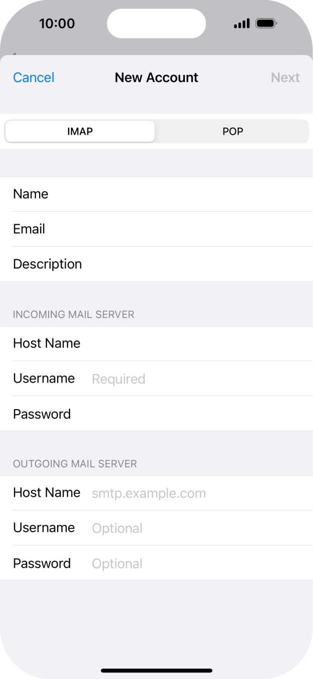 Press Username and key in the username for your email account. Press Username and key in the username for your email account.