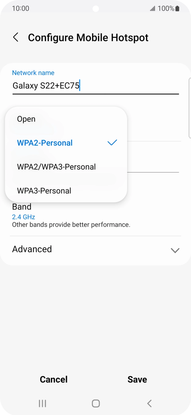 Press WPA3-Personal to password protect your WiFi hotspot. Press WPA3-Personal to password protect your WiFi hotspot.