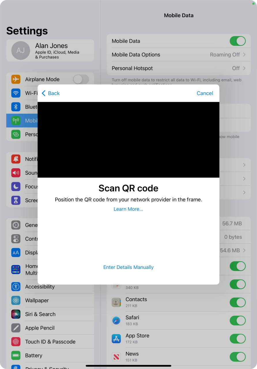 Place the QR code you've received inside the tablet camera frame to scan the code.