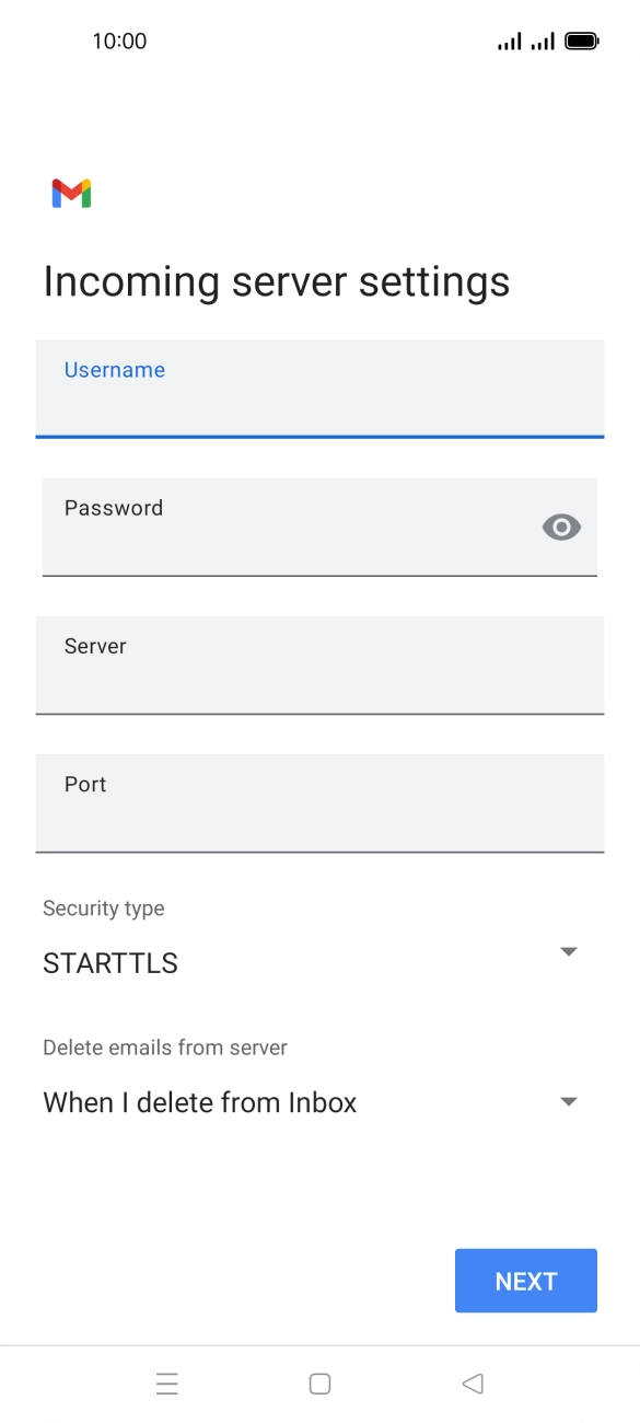 Press the field below 'Server' and key in the name of your email provider's incoming server. Press the field below 'Server' and key in the name of your email provider's incoming server.