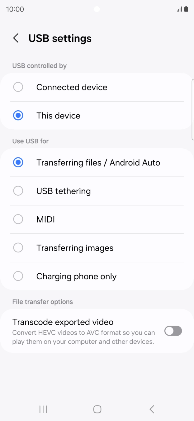 Press Transferring files / Android Auto. Press Transferring files / Android Auto.