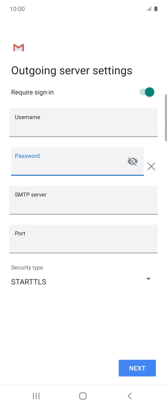 Press the field below 'SMTP server' and key in the name of your email provider's outgoing server. Press the field below 'SMTP server' and key in the name of your email provider's outgoing server.