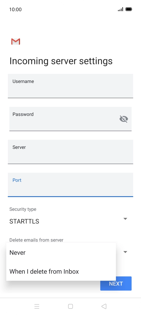Press Never to keep emails on the server when you delete them on your phone. Press Never to keep emails on the server when you delete them on your phone.