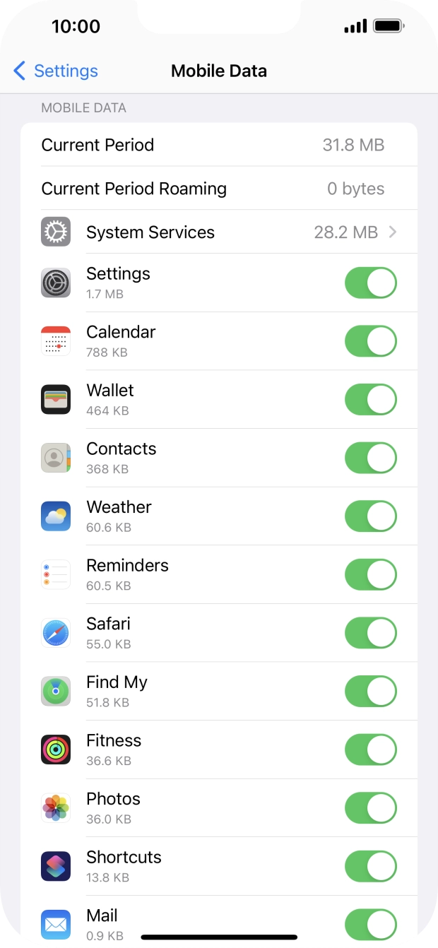 Press the indicators next to the required applications to turn the function on or off. Press the indicators next to the required applications to turn the function on or off.
