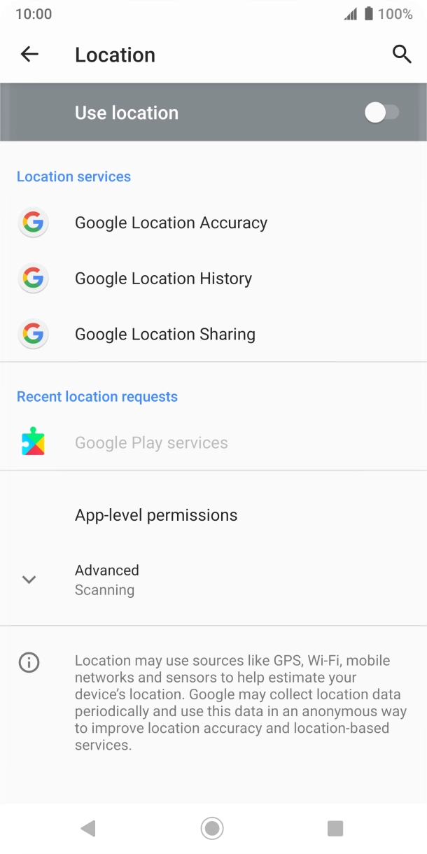 Press the indicator next to 'Use location' to turn the function on or off. Press the indicator next to 'Use location' to turn the function on or off.
