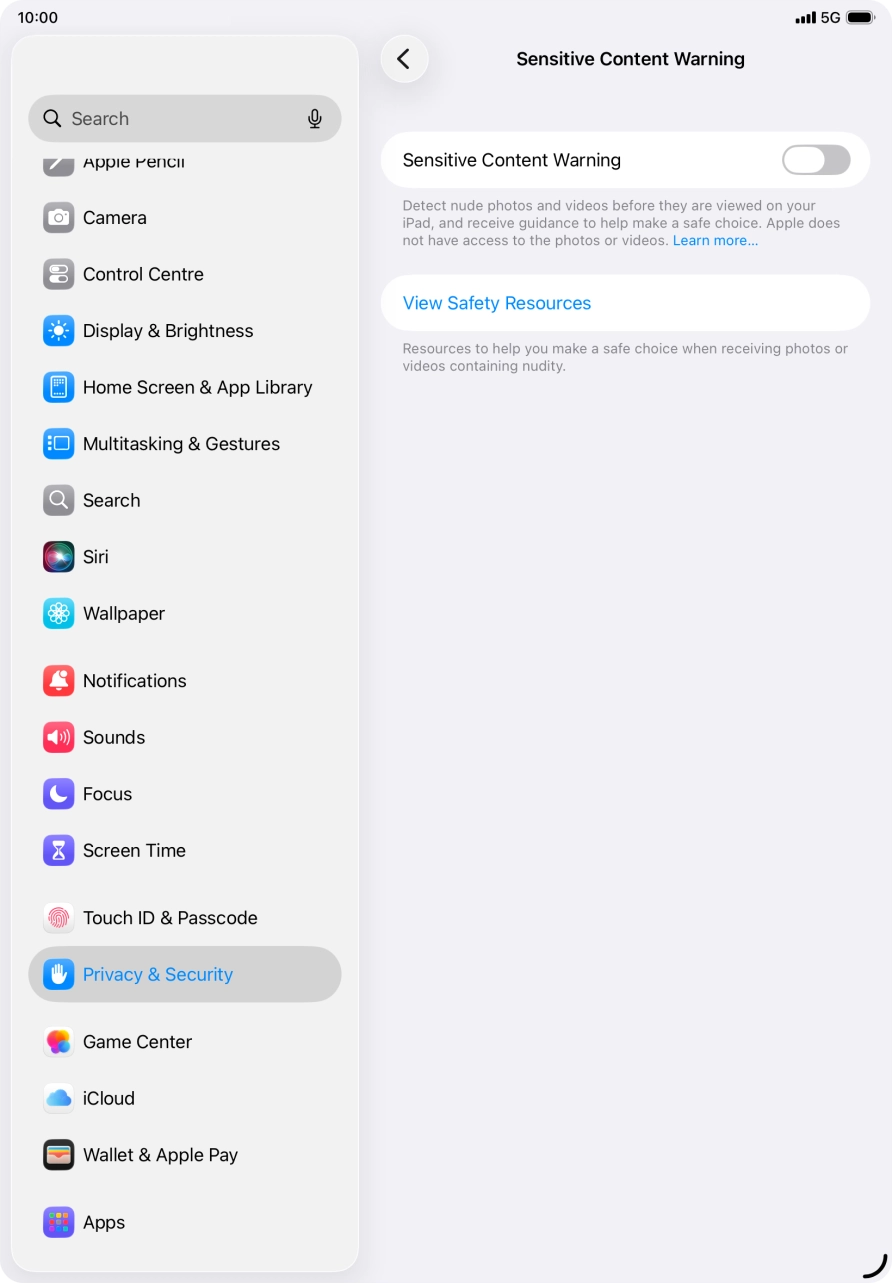 Press the indicator next to 'Sensitive Content Warning' to turn the function on or off. Press the indicator next to 'Sensitive Content Warning' to turn the function on or off.