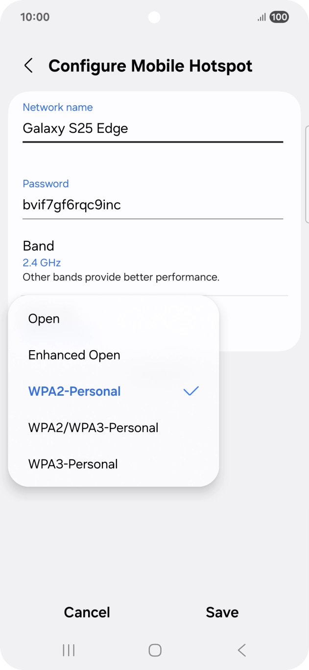 Press WPA3-Personal to password protect your WiFi hotspot. Press WPA3-Personal to password protect your WiFi hotspot.