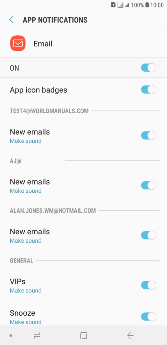 Press the indicator below the required email account to turn the function on or off. Press the indicator below the required email account to turn the function on or off.