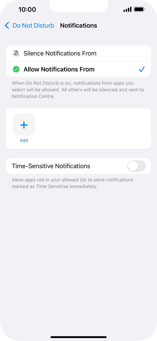 Press the indicator next to 'Time-Sensitive Notifications' to turn display of timed notifications on or off when Do Not Disturb is turned on. Press the indicator next to 'Time-Sensitive Notifications' to turn display of timed notifications on or off when Do Not Disturb is turned on.