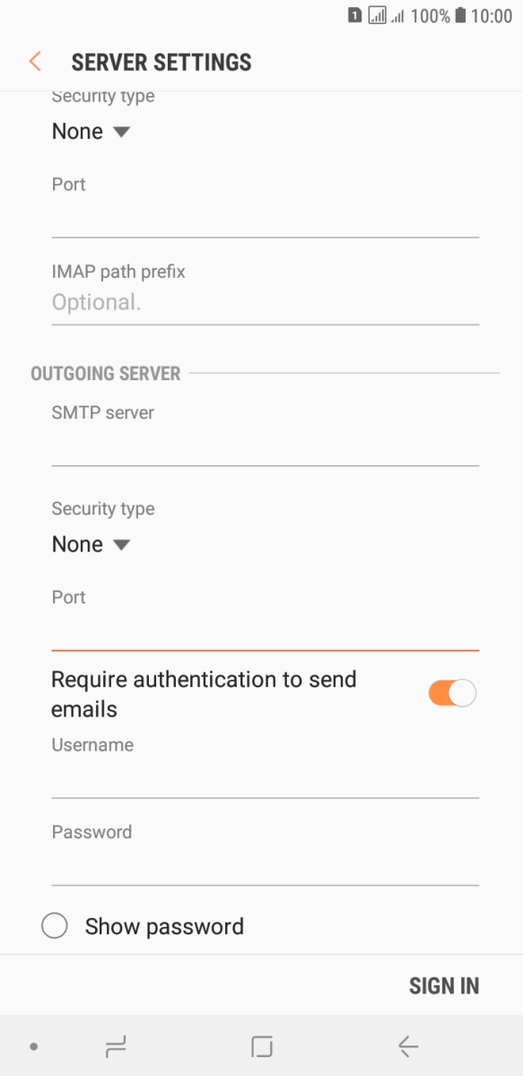 Press the indicator next to 'Require authentication to send emails' to turn on the function. Press the indicator next to 'Require authentication to send emails' to turn on the function.
