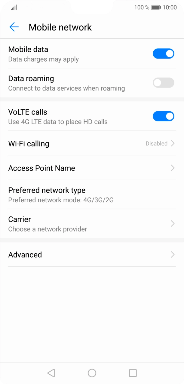 Press the indicator next to 'Data roaming' to turn the function on or off. Press the indicator next to 'Data roaming' to turn the function on or off.