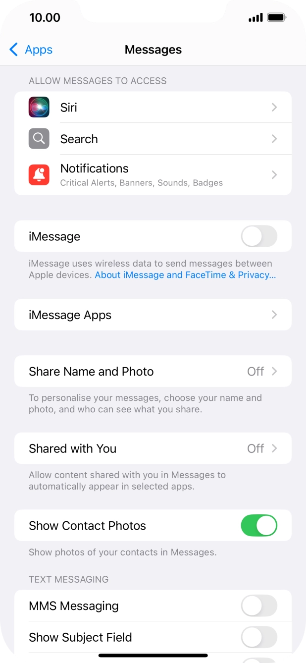 Press the indicator next to 'iMessage' to turn on the function.