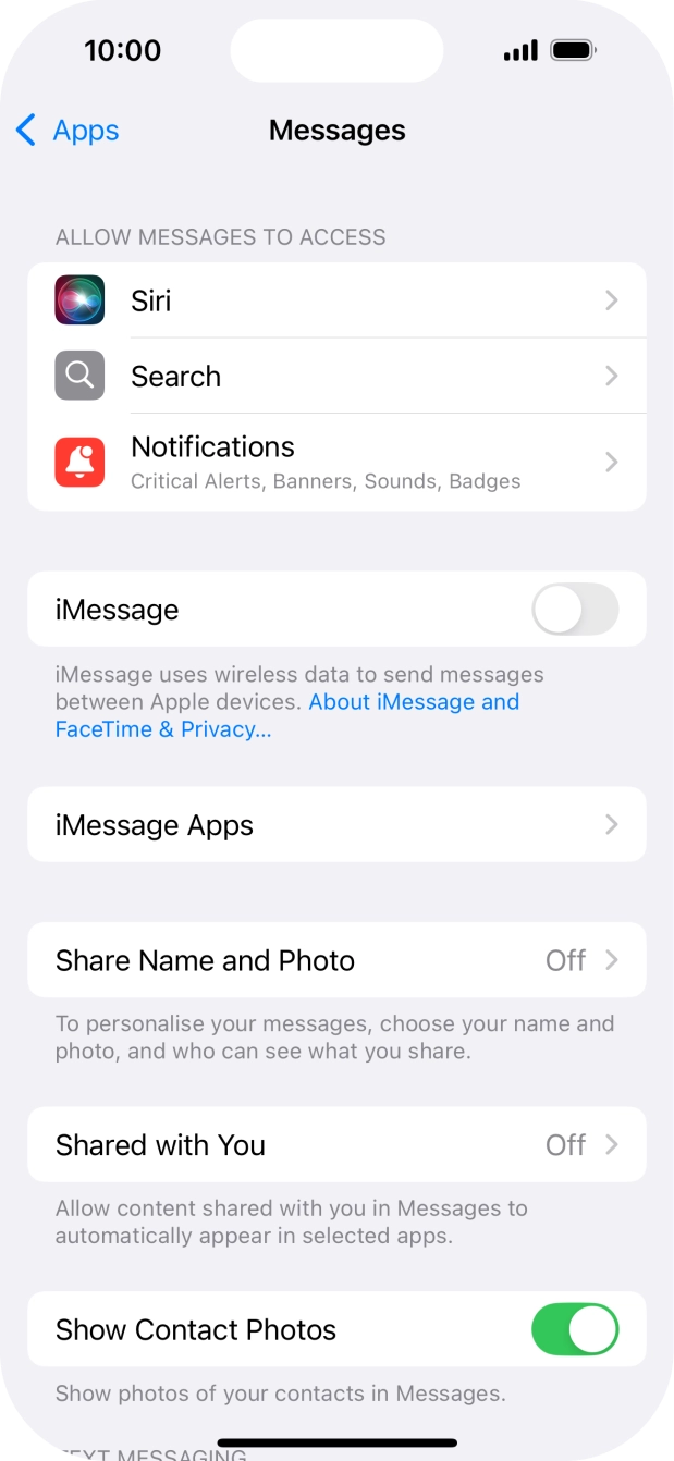Press the indicator next to 'iMessage' to turn on the function.