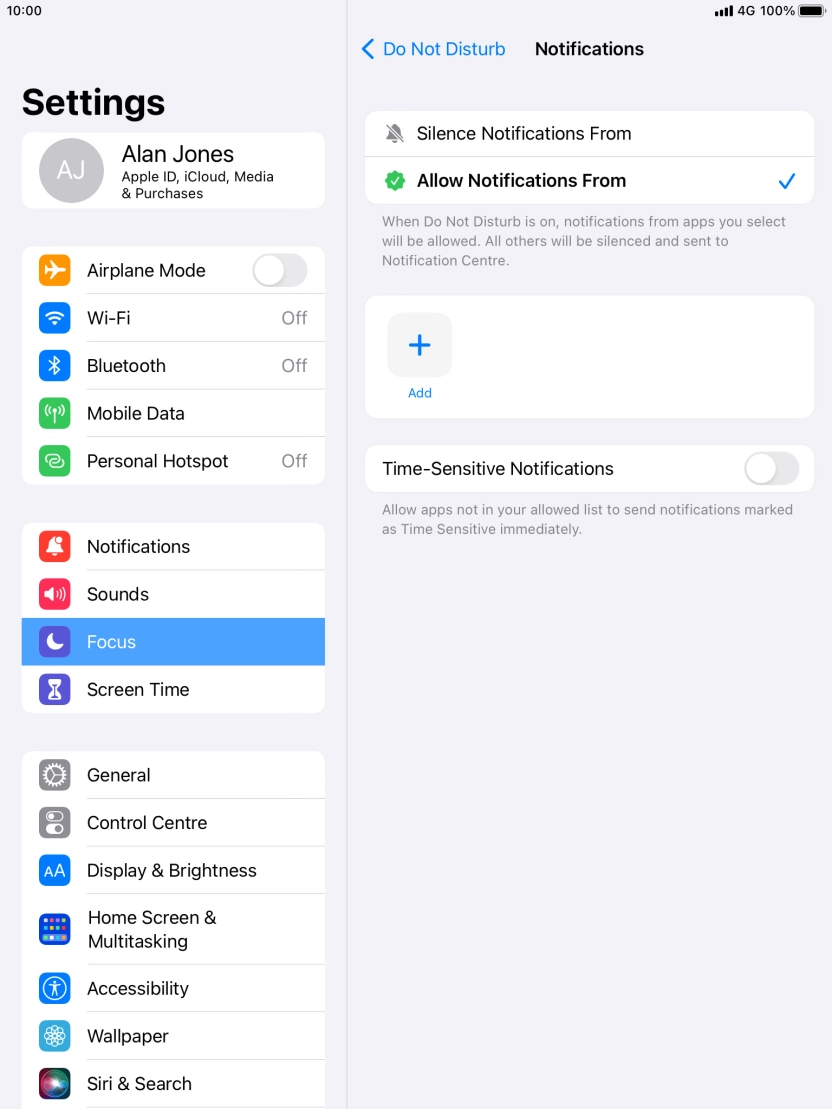 Press the indicator next to 'Time-Sensitive Notifications' to turn display of timed notifications on or off when Do Not Disturb is turned on. Press the indicator next to 'Time-Sensitive Notifications' to turn display of timed notifications on or off when Do Not Disturb is turned on.
