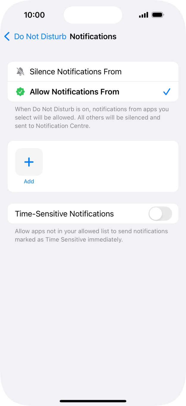 Press the indicator next to 'Time-Sensitive Notifications' to turn display of timed notifications on or off when Do Not Disturb is turned on. Press the indicator next to 'Time-Sensitive Notifications' to turn display of timed notifications on or off when Do Not Disturb is turned on.