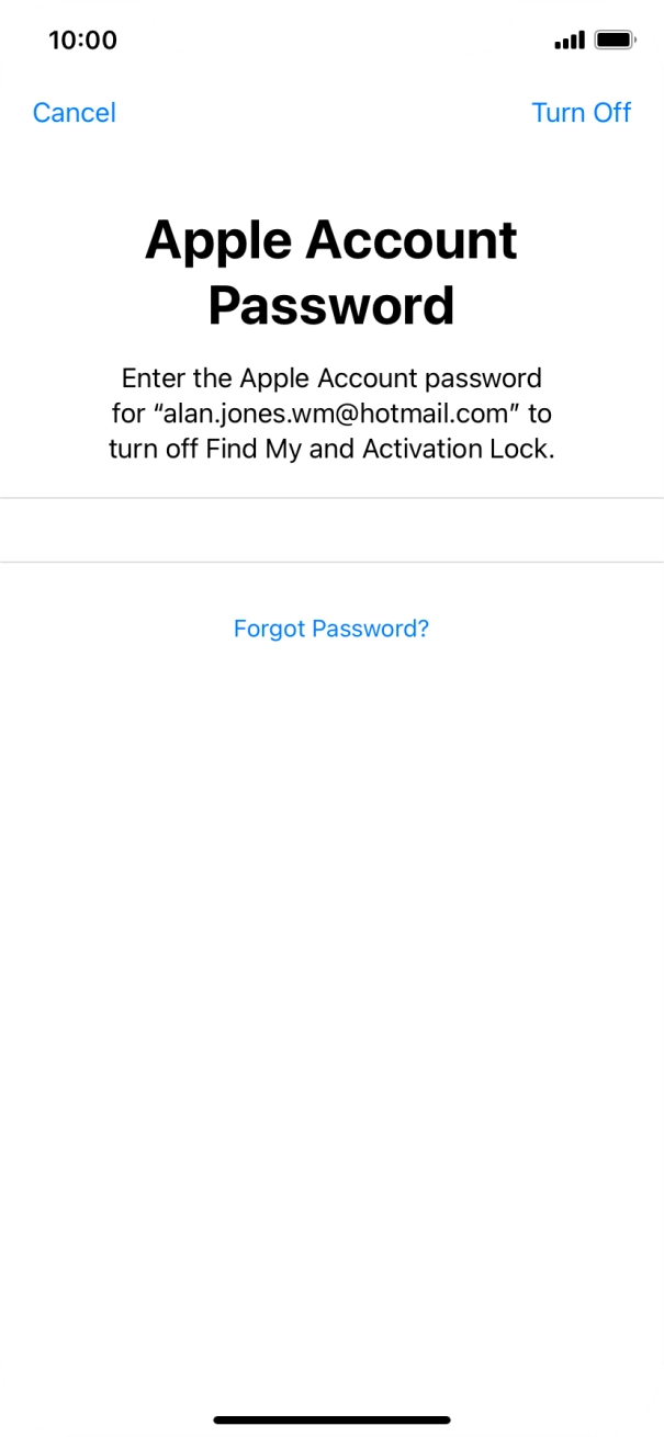 Key in the password for your Apple ID and press Turn Off. Wait a moment while the factory default settings are restored. Follow the instructions on the screen to set up your phone and prepare it for use.