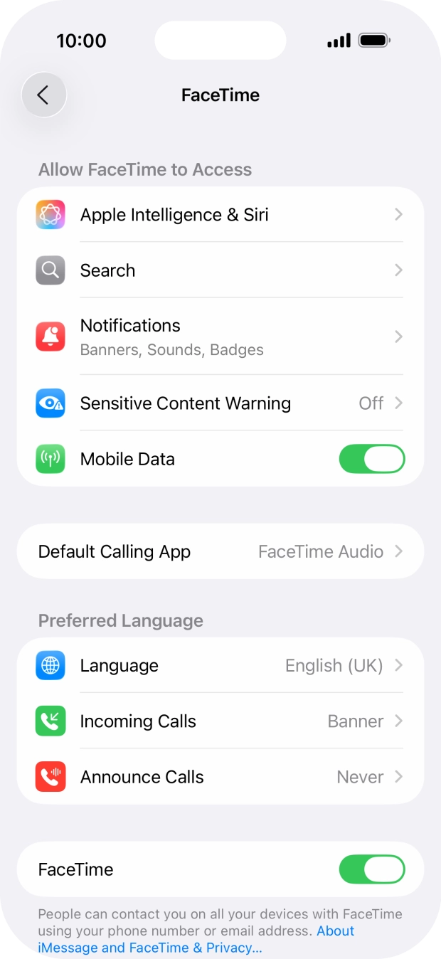 Press the indicator next to 'FaceTime' to turn the function on or off. Press the indicator next to 'FaceTime' to turn the function on or off.