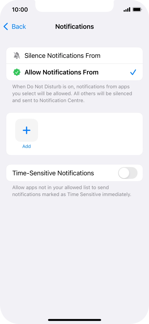 Press the indicator next to 'Time-Sensitive Notifications' to turn display of timed notifications on or off when Do Not Disturb is turned on. Press the indicator next to 'Time-Sensitive Notifications' to turn display of timed notifications on or off when Do Not Disturb is turned on.