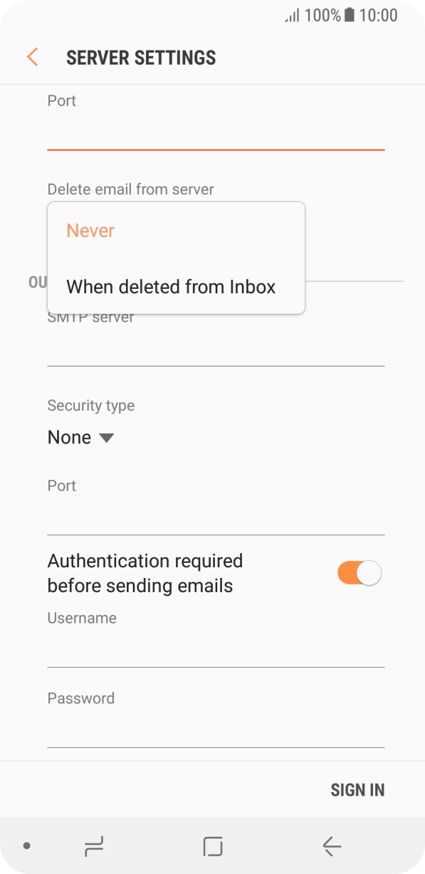 Press Never to keep emails on the server when you delete them on your phone. Press Never to keep emails on the server when you delete them on your phone.