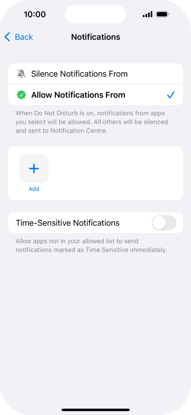 Press the indicator next to 'Time-Sensitive Notifications' to turn display of timed notifications on or off when Do Not Disturb is turned on. Press the indicator next to 'Time-Sensitive Notifications' to turn display of timed notifications on or off when Do Not Disturb is turned on.