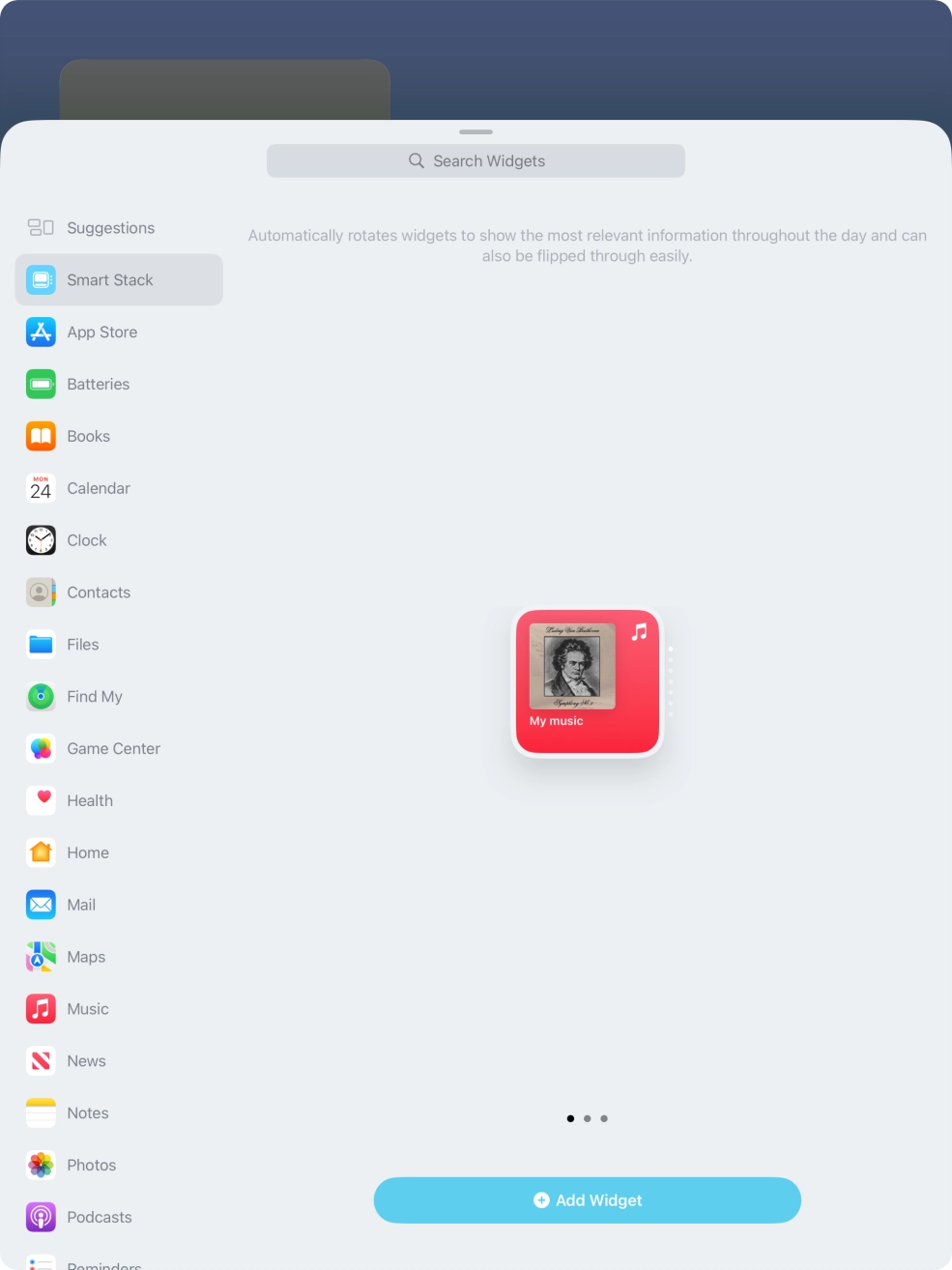 Slide your finger right or left on the screen to select the required widget size.