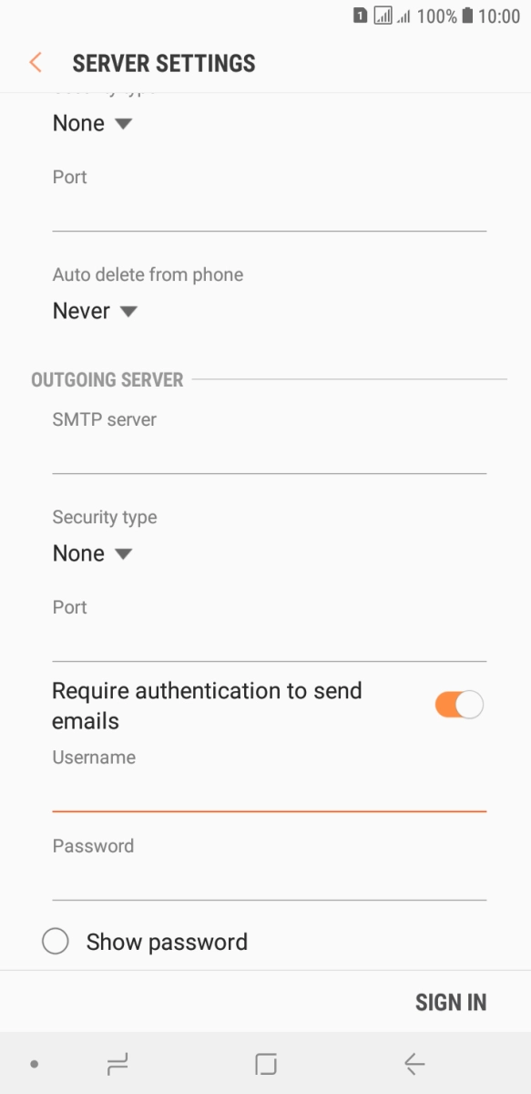 Press the field below 'Password' and key in the password of your email provider's outgoing server. Press the field below 'Password' and key in the password of your email provider's outgoing server.