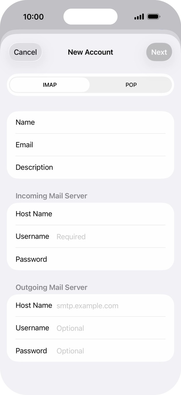 Press Username and key in the username for your email account. Press Username and key in the username for your email account.