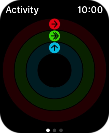 The screen will tell you how far you are from completing your daily activity goals. When the coloured rings are closed, you've reached the goals of your daily activity. The screen will tell you how far you are from completing your daily activity goals. When the coloured rings are closed, you've reached the goals of your daily activity.