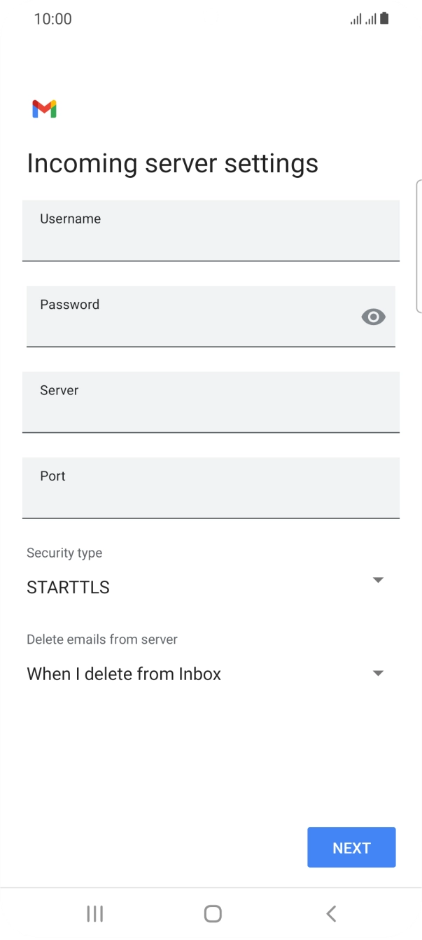 Press the field below 'Username' and key in the username for your email account. Press the field below 'Username' and key in the username for your email account.