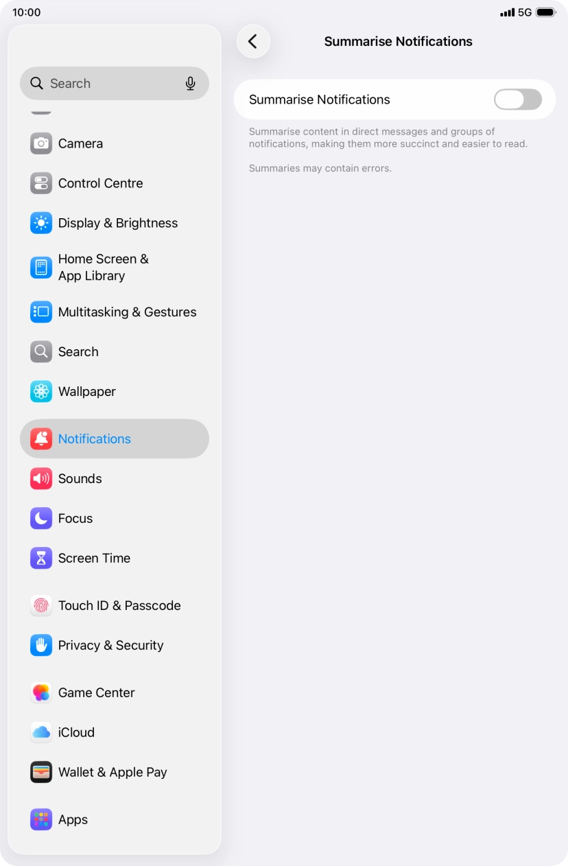 Press the indicator next to 'Summarise Notifications' to turn the function on or off. Press the indicator next to 'Summarise Notifications' to turn the function on or off.