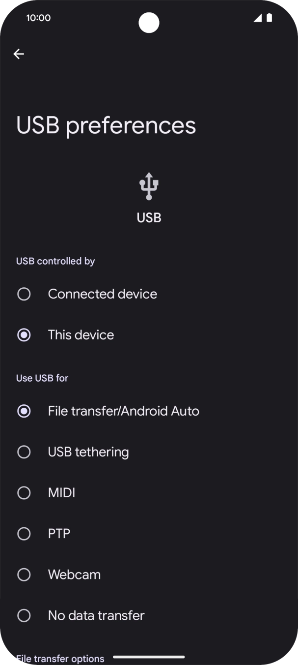 Press File transfer/Android Auto. Press File transfer/Android Auto.