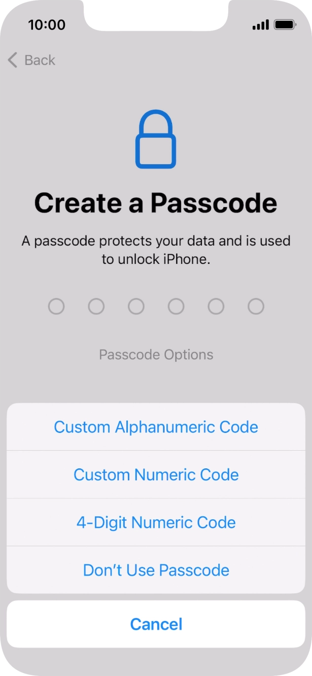 Follow the instructions on the screen to turn on the phone lock code or press Don't Use Passcode.