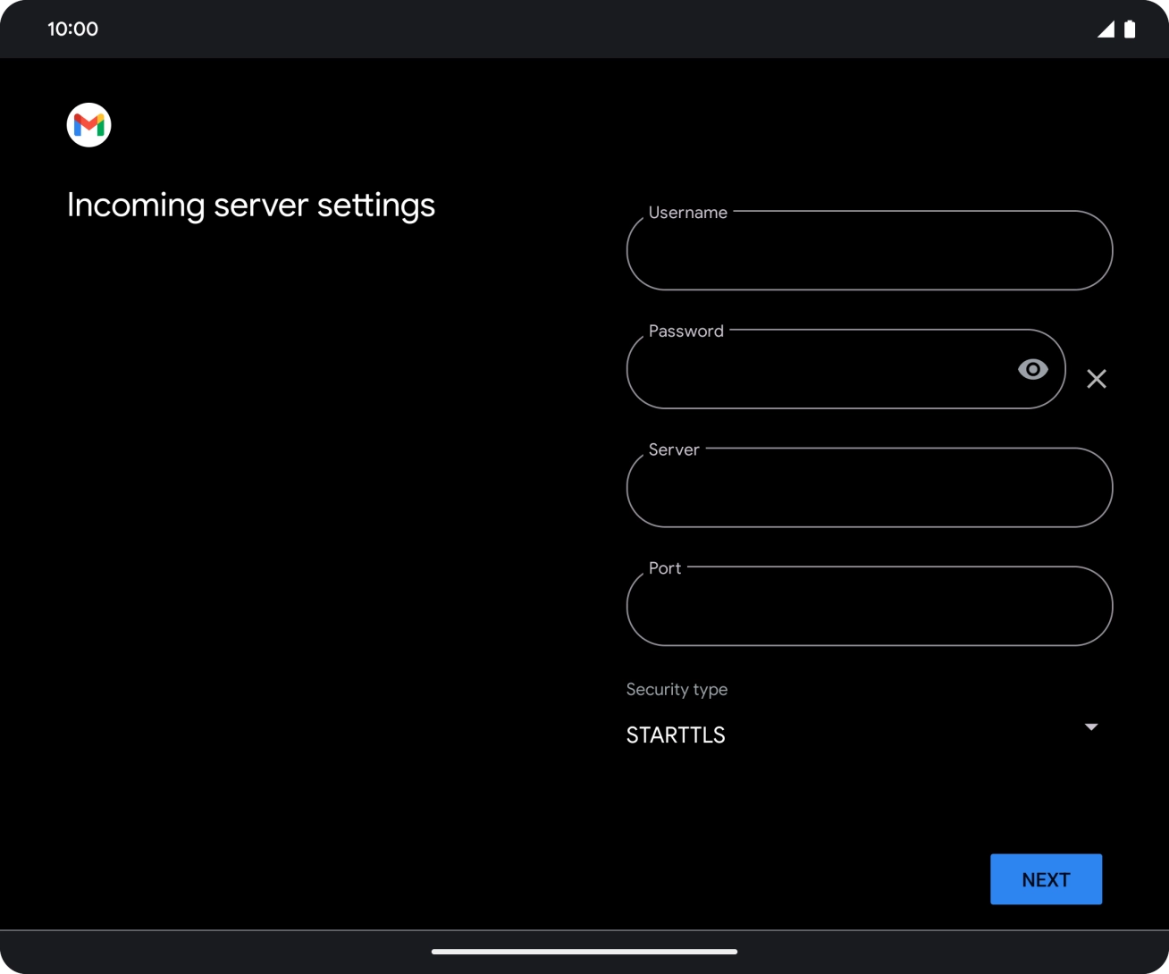 Press the field below 'Username' and key in the username for your email account.