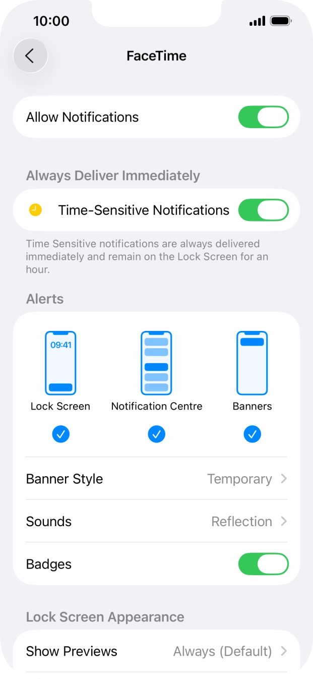 Press the indicator next to 'Allow Notifications' to turn notifications for the selected application on or off. Press the indicator next to 'Allow Notifications' to turn notifications for the selected application on or off.