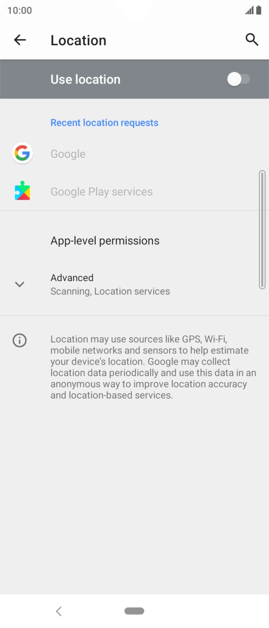 Press the indicator next to 'Use location' to turn the function on or off. Press the indicator next to 'Use location' to turn the function on or off.