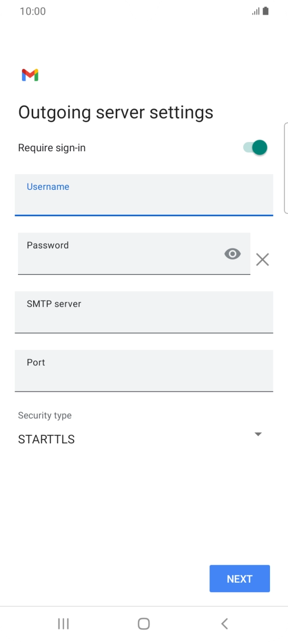Press the field below 'Password' and key in the password of your email provider's outgoing server. Press the field below 'Password' and key in the password of your email provider's outgoing server.