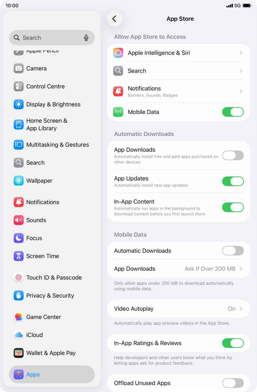 Press the indicator next to 'App Updates' to turn the function on or off.