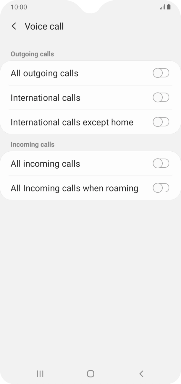 Press the indicator next to the required barring type to turn the function on or off. Press the indicator next to the required barring type to turn the function on or off.