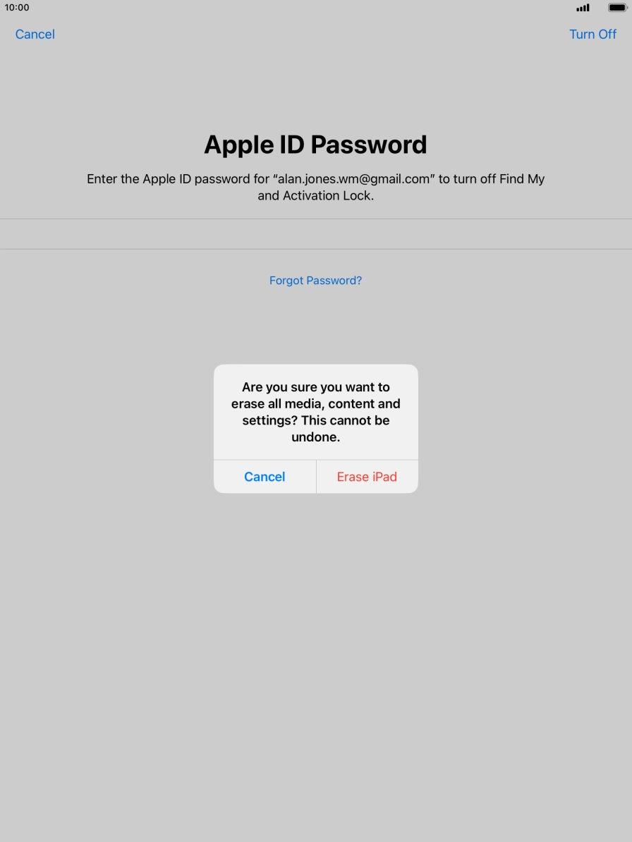Key in the password for your Apple ID and press Erase iPad. Wait a moment while the factory default settings are restored. Follow the instructions on the screen to set up your tablet and prepare it for use.