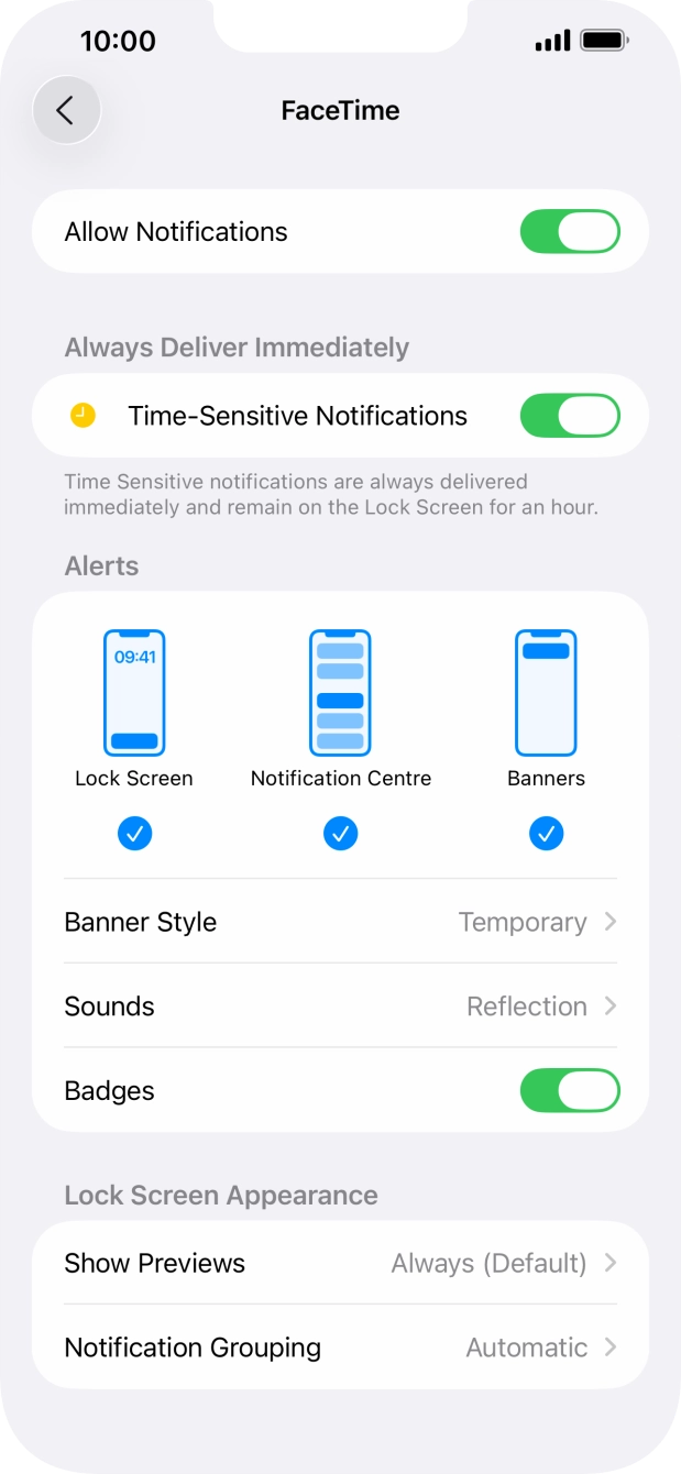 Press the indicator next to 'Allow Notifications' to turn notifications for the selected application on or off.