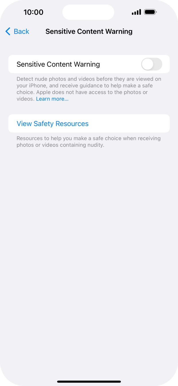 Press the indicator next to 'Sensitive Content Warning' to turn the function on or off. Press the indicator next to 'Sensitive Content Warning' to turn the function on or off.