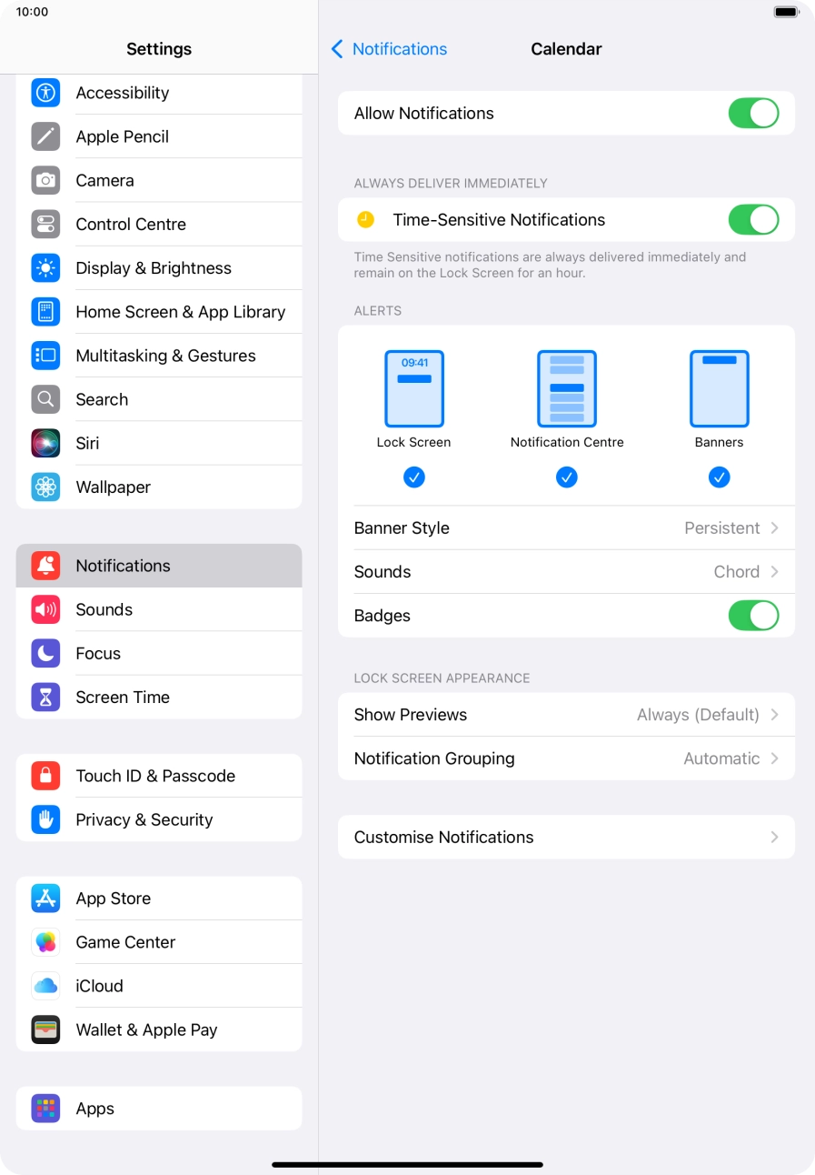 Press the indicator next to 'Allow Notifications' to turn notifications for the selected application on or off.